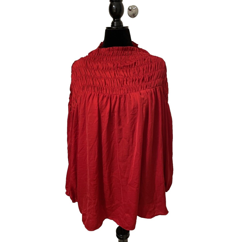 Cato Size 22/24W Red Smocked Yoke Mock Neck Blouse Long Sleeve Flowy Top